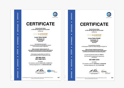 LUXOR SOLAR has successfully extended the ISO certifications, ISO 14001:2015 | ISO 9001:2015 | ISO 41005:2018...