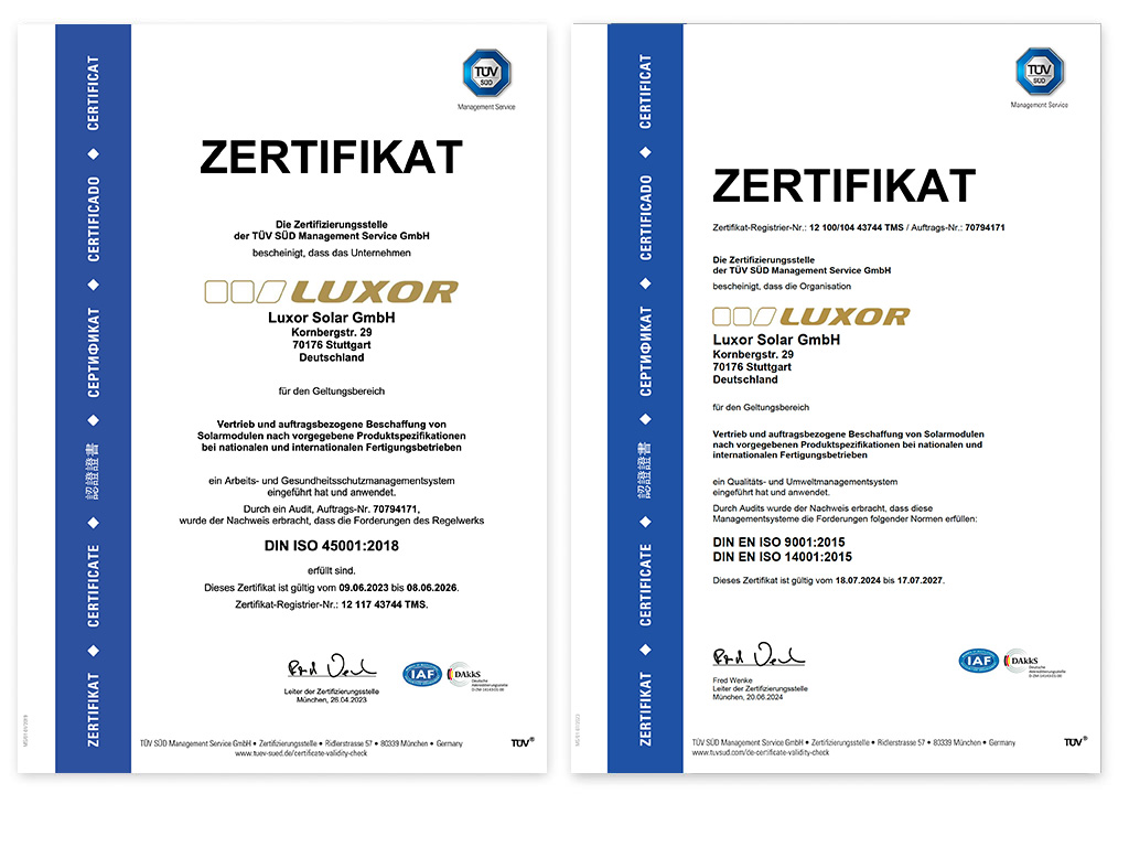 LUXOR Solarmodul TÜV Zertifikate