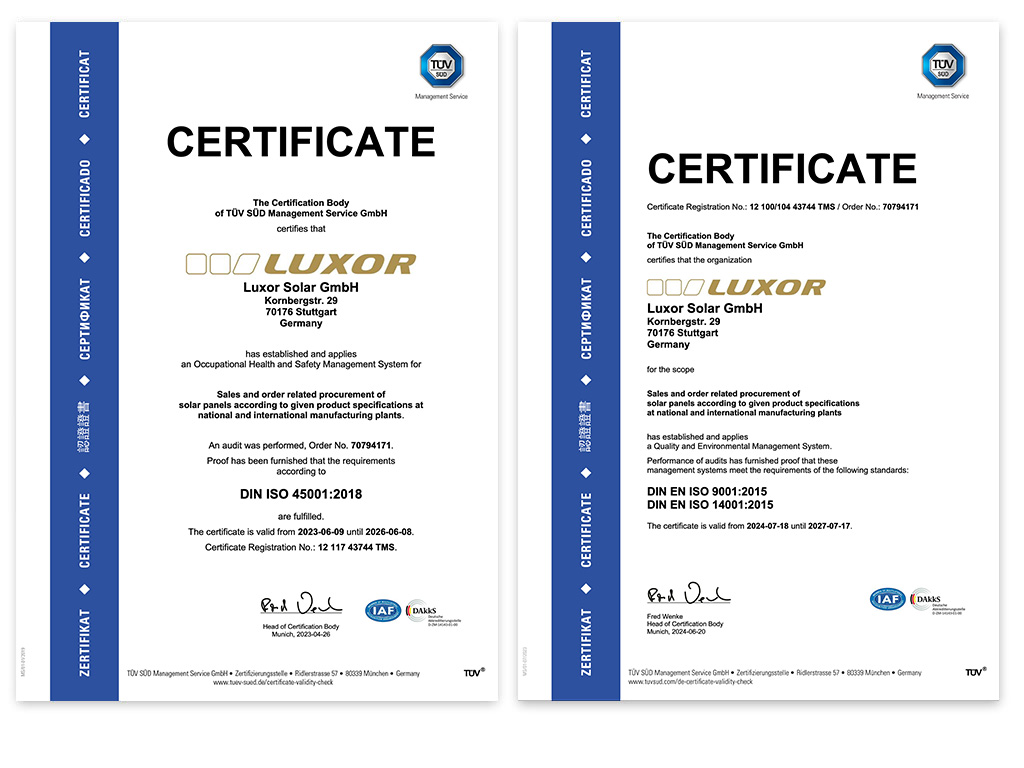 LUXOR Solar - TÜV CERTIFICATES