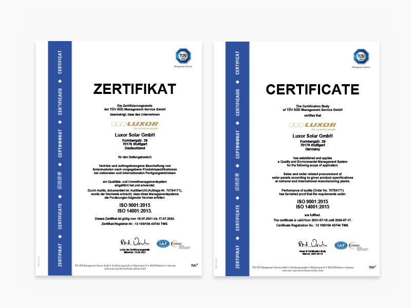 ISO Zertifikate: OHSAS ISO 14001:2015 | ISO 9001:2015 | ISO 41005:2018